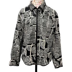 ⚫ Laura Ashley Abstract Print Zip Jacket – Black White 90s Artsy Windbreaker